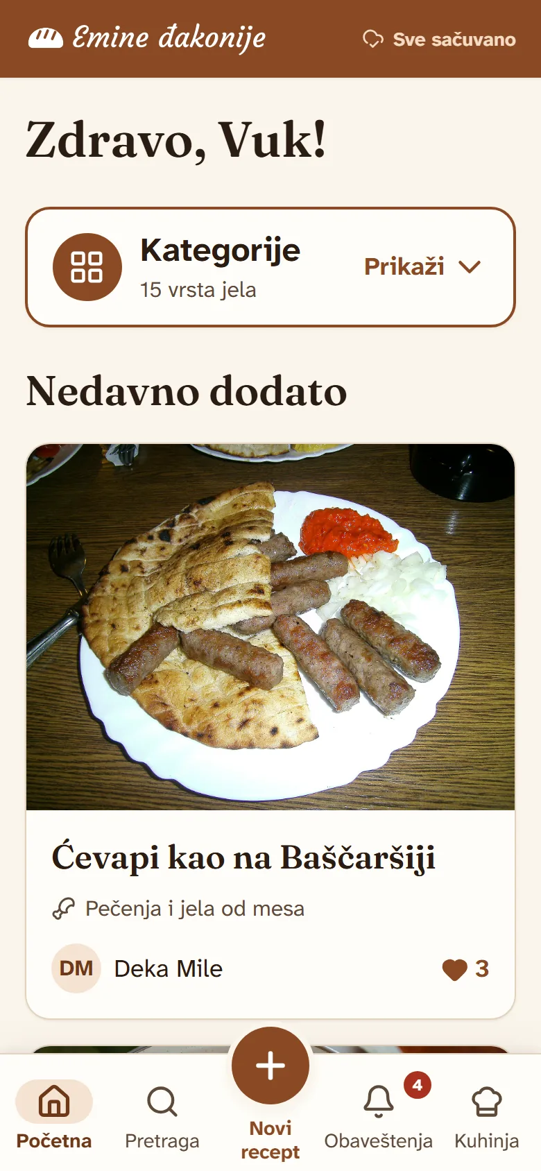 Početni ekran sa kategorijama i nedavno dodatim receptima