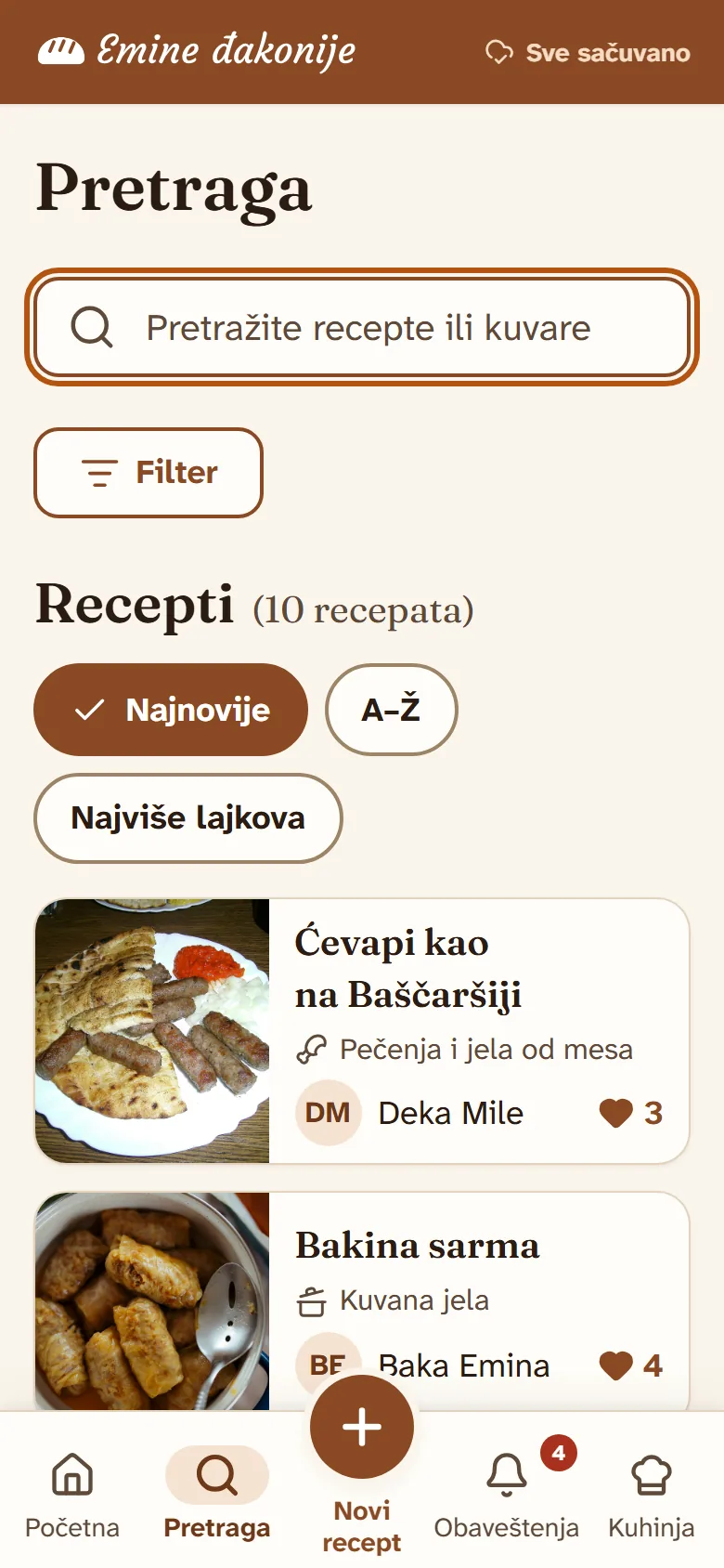 Pretraga sa listom recepata