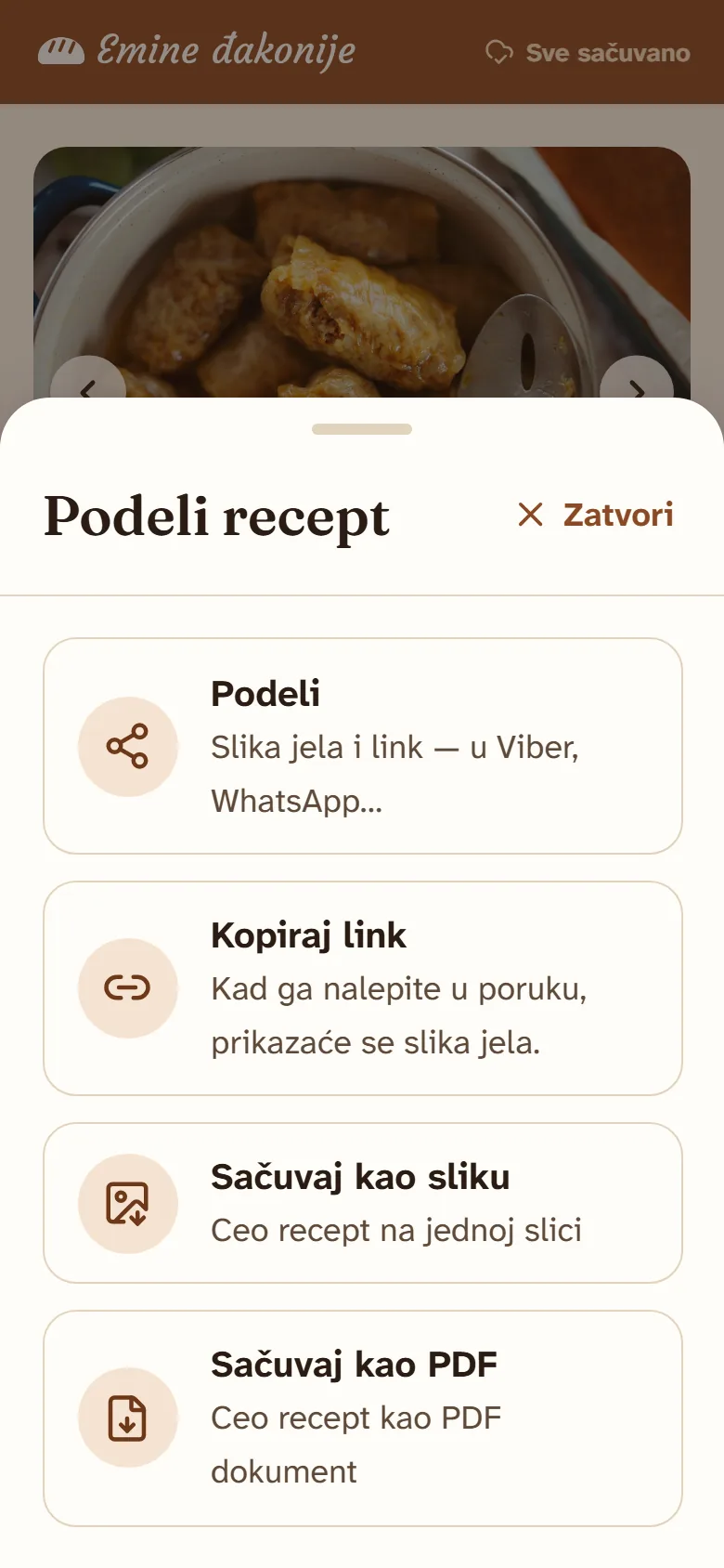Panel „Podeli recept“: podeli, kopiraj link, sačuvaj kao sliku, sačuvaj kao PDF