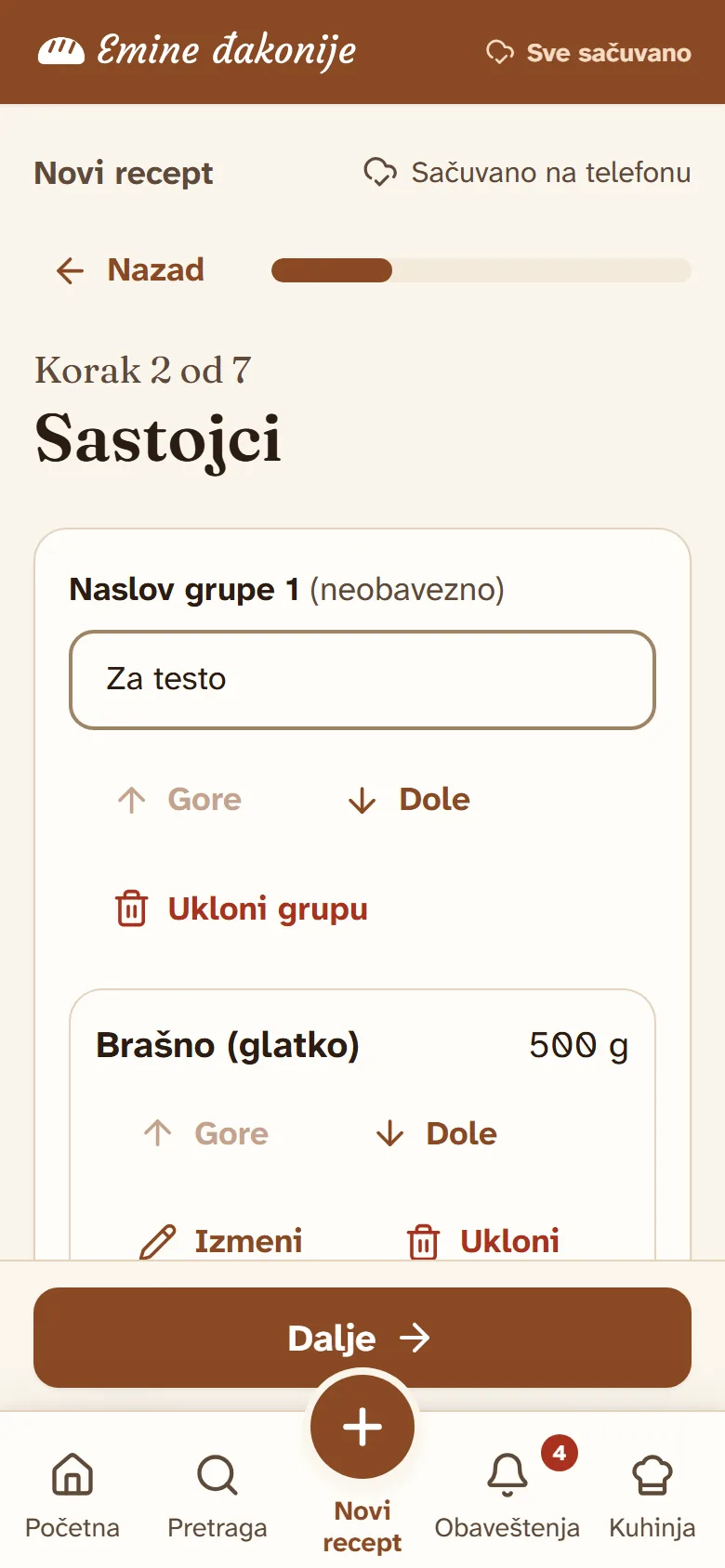 Čarobnjak za recept na koraku 2 od 7, Sastojci, sa grupom „Za testo“